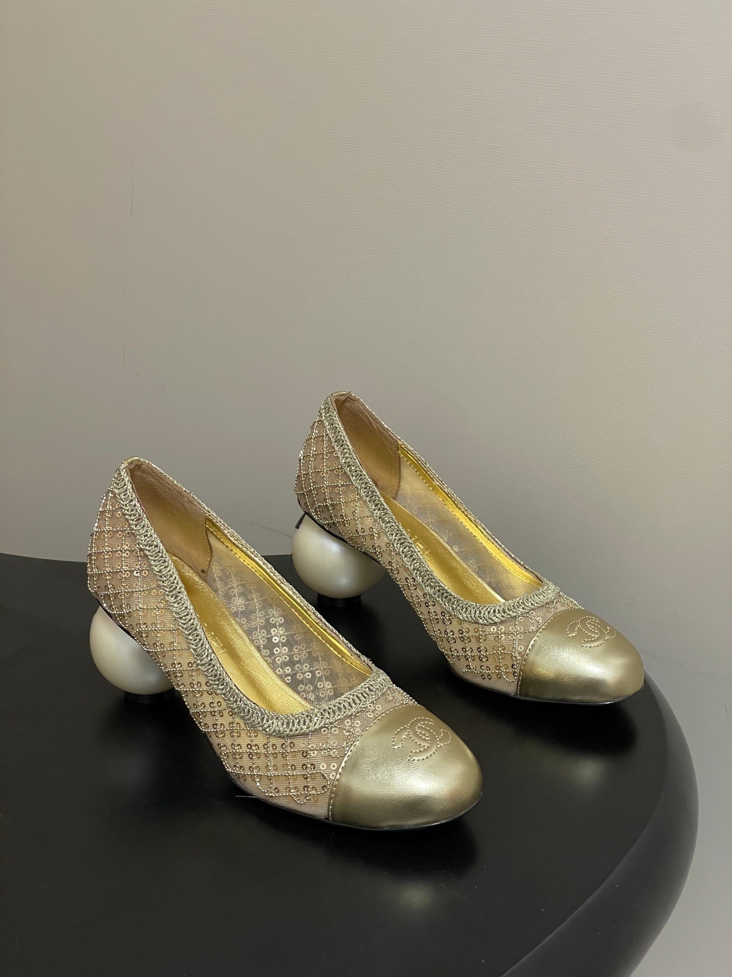 CC 26 Beaded Sequin Pump With Double C Pearl Heel Gold Mesh Leather 593159