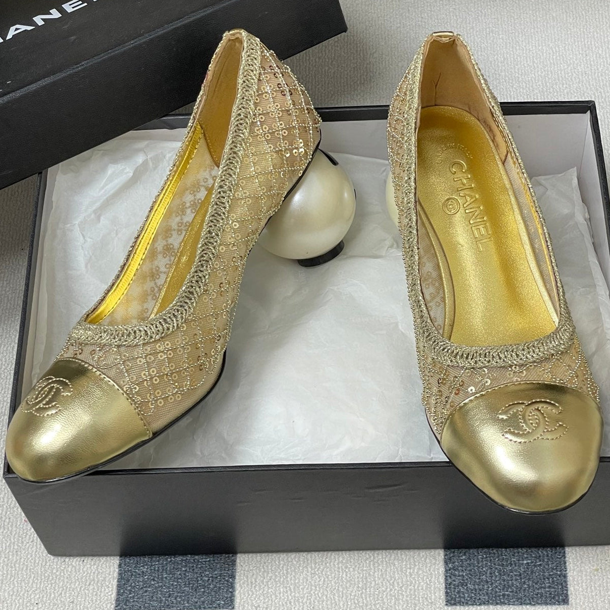 CC 26 Beaded Sequin Pump With Double C Pearl Heel Gold Mesh Leather 593159