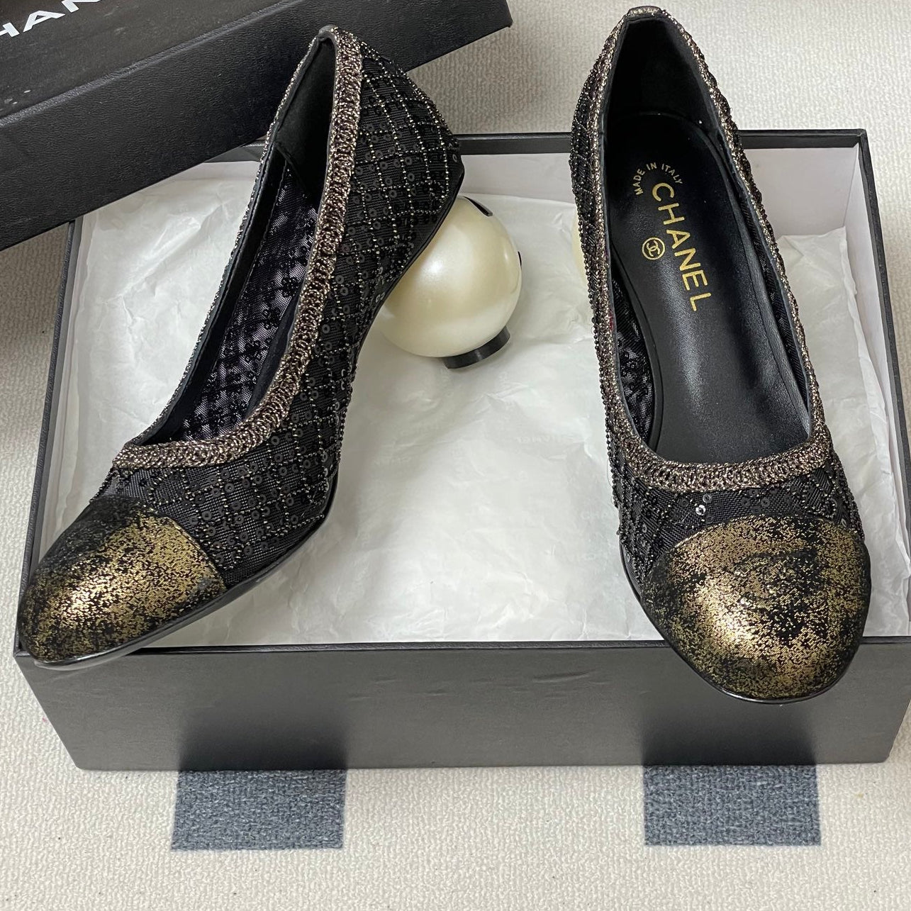 CC 26 Beaded Sequin Pump With Double C Pearl Heel Black Mesh Leather