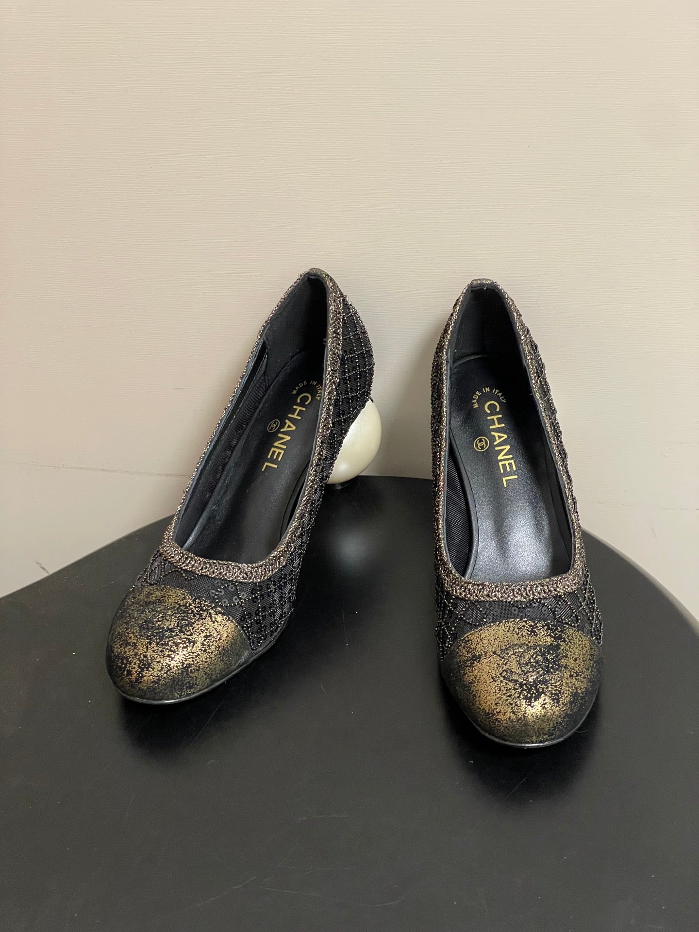 CC 26 Beaded Sequin Pump With Double C Pearl Heel Black Mesh Leather