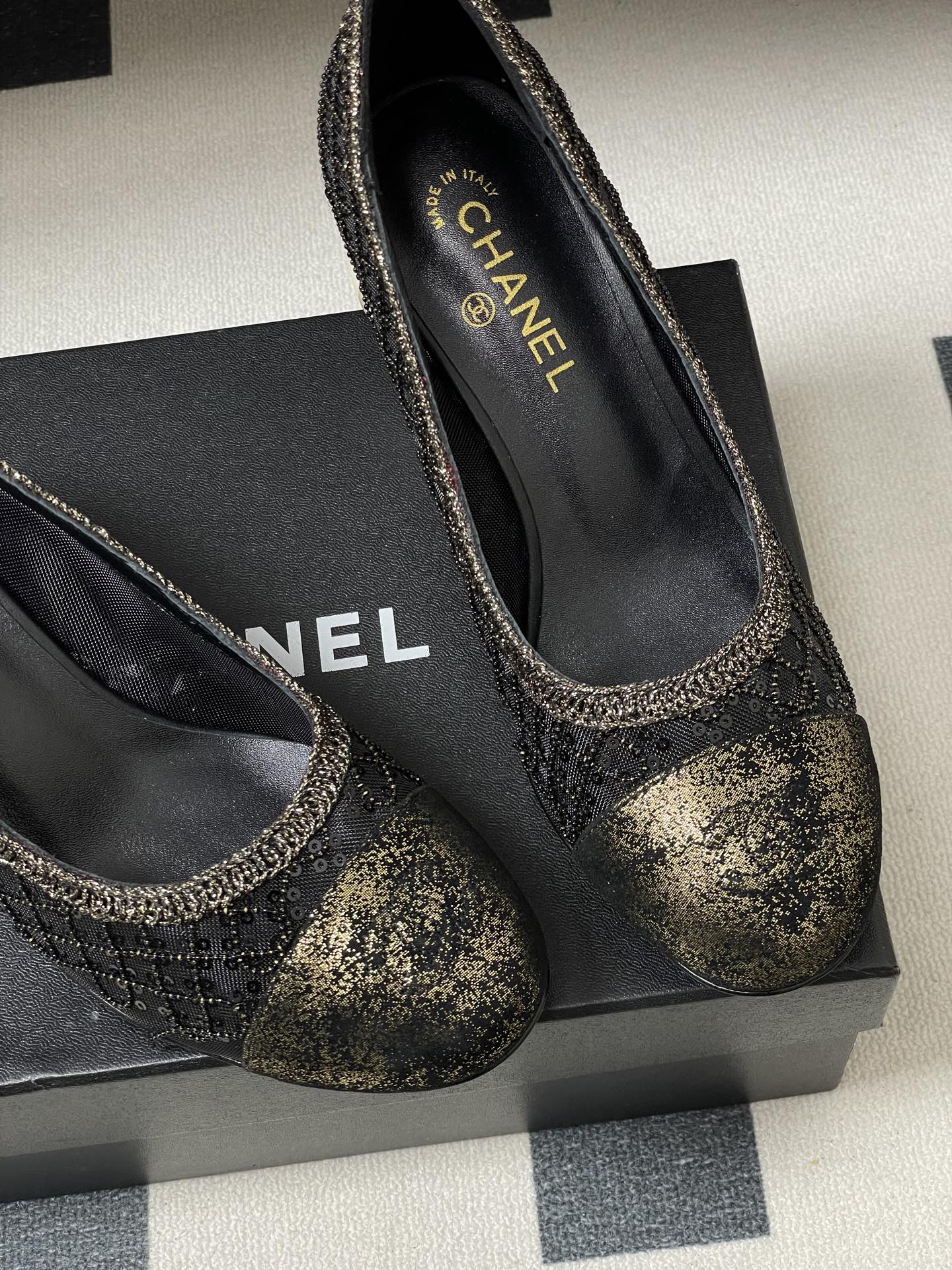 CC 26 Beaded Sequin Pump With Double C Pearl Heel Black Mesh Leather