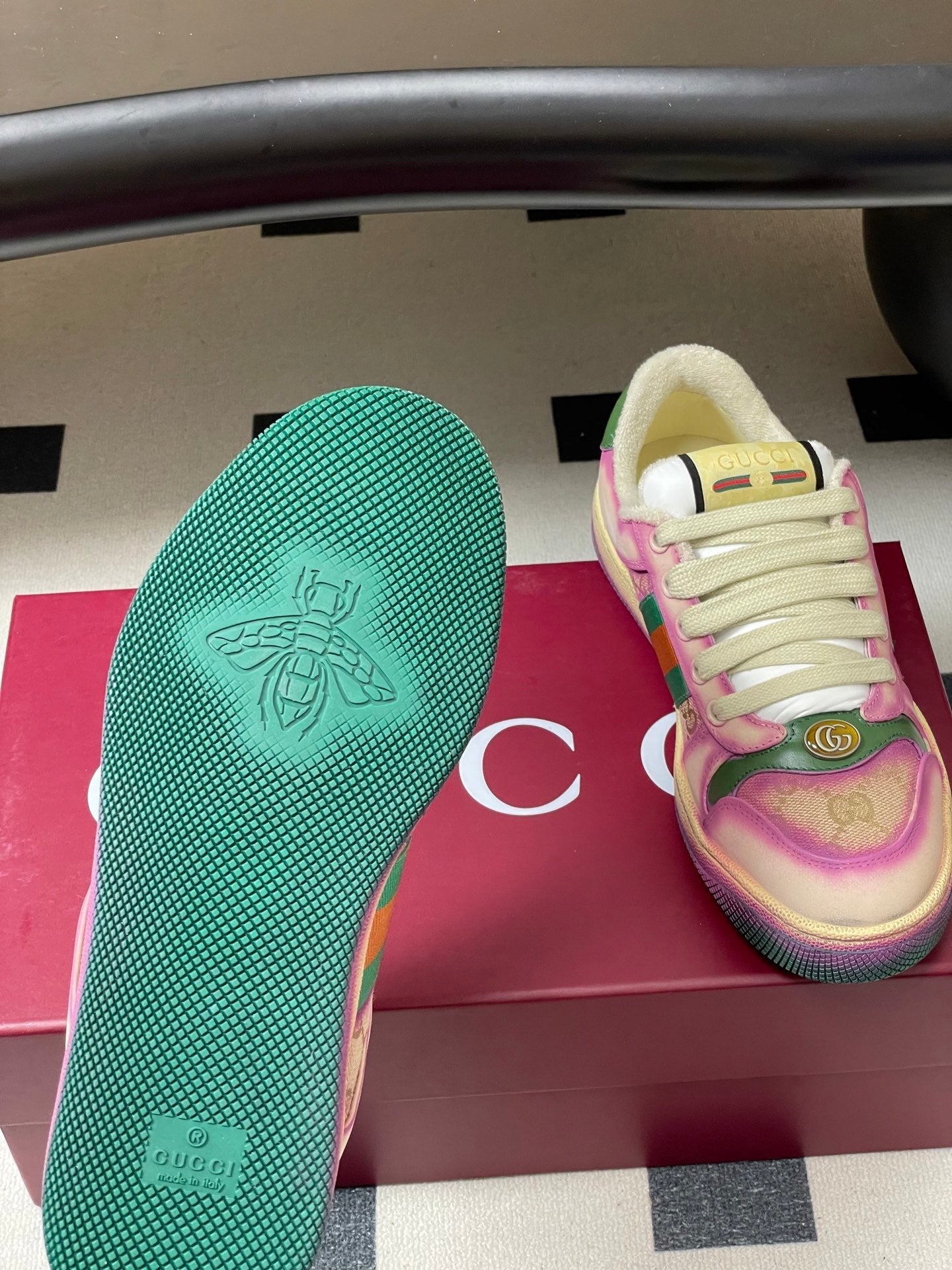 GG 26ss Screener Sneaker Beige Purple Green Fabric Calfskin 697904