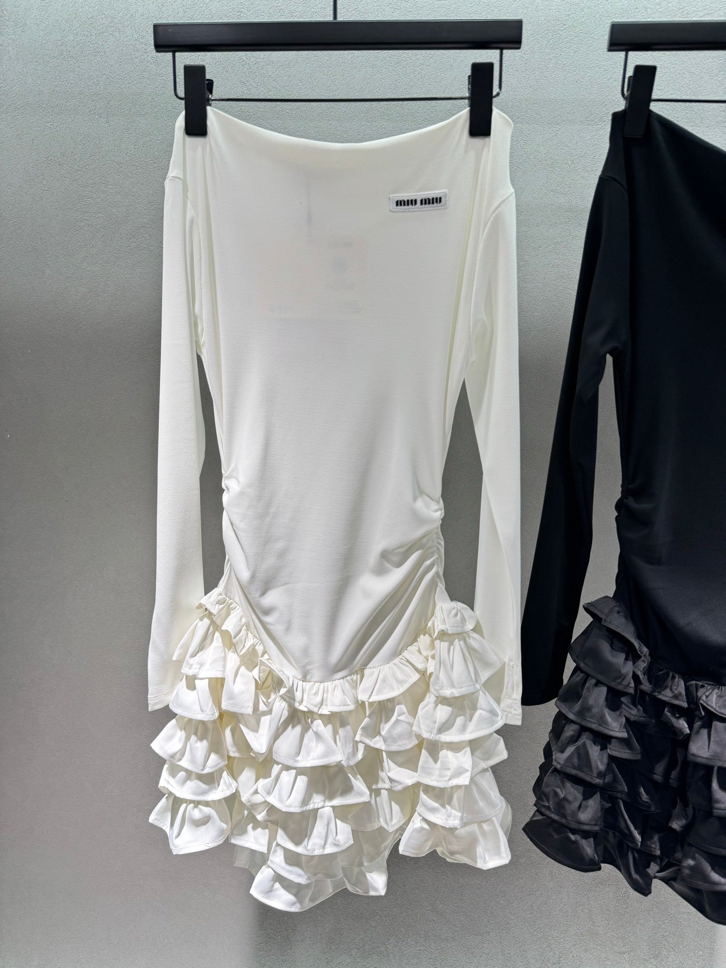 Miumiu 2026 Off-the-shoulder Tiered Dress Black and White Cotton