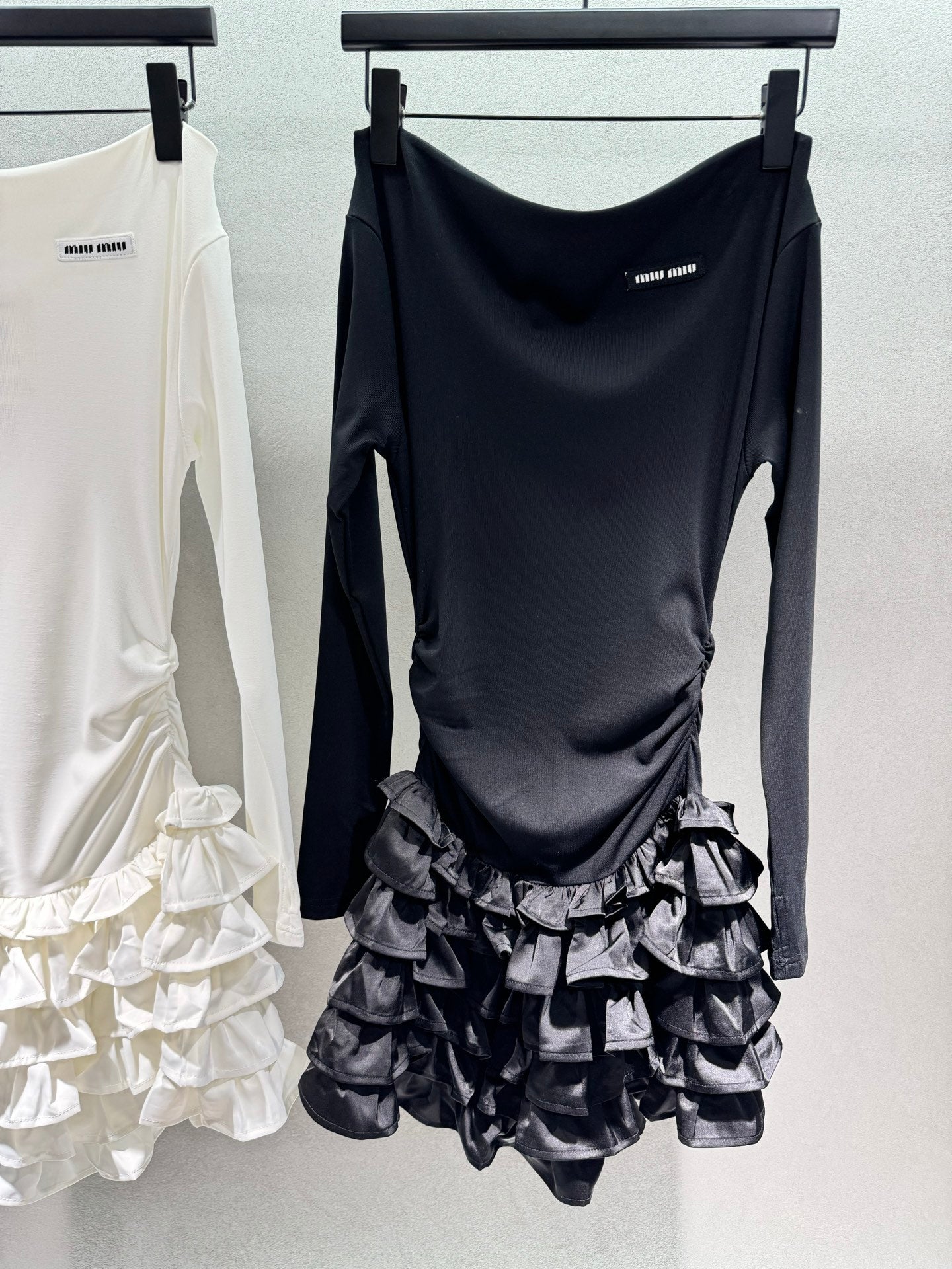 Miumiu 2026 Off-the-shoulder Tiered Dress Black and White Cotton