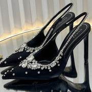 GC 2025 Crystal Embellished High Heels Slingbacks Black Silk Sheepskin 294523