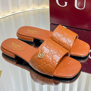 GC Double G Slide Sandals Brown Embossed Leather 294631