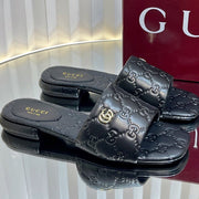 GC Double G Slide Sandals Black Embossed Leather 294636