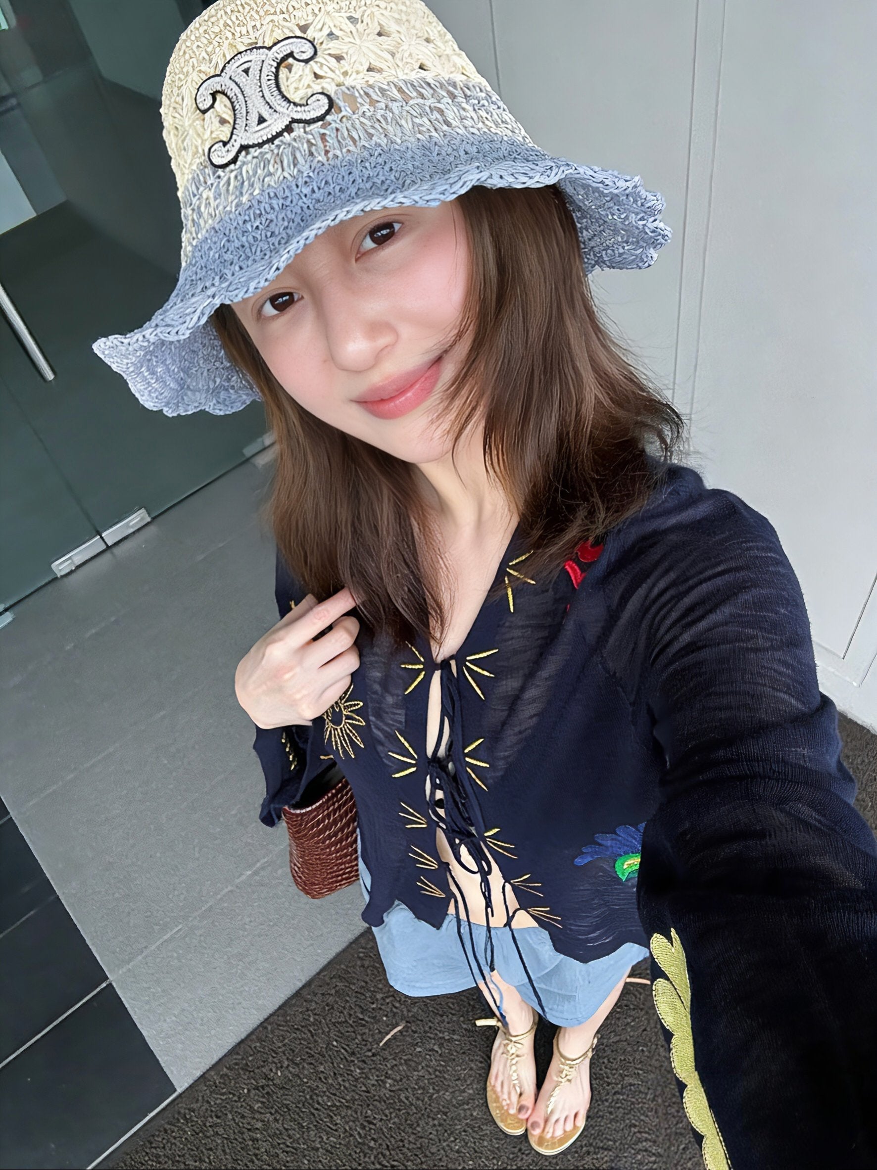 Celine Hollow-out Woven Arc de Triomphe Straw Bucket Hat 322140