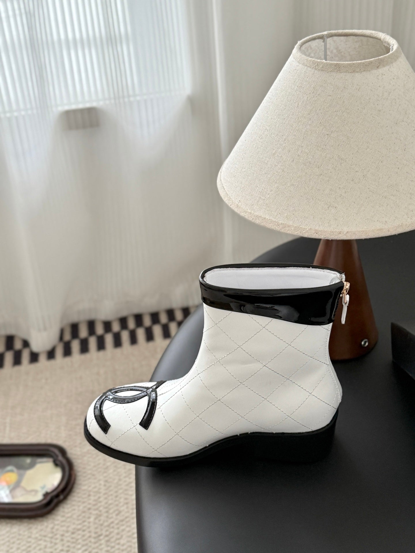 CC 2025 Vintage Cambon Mid-Calf Short Boots White Black Cowhide 550633
