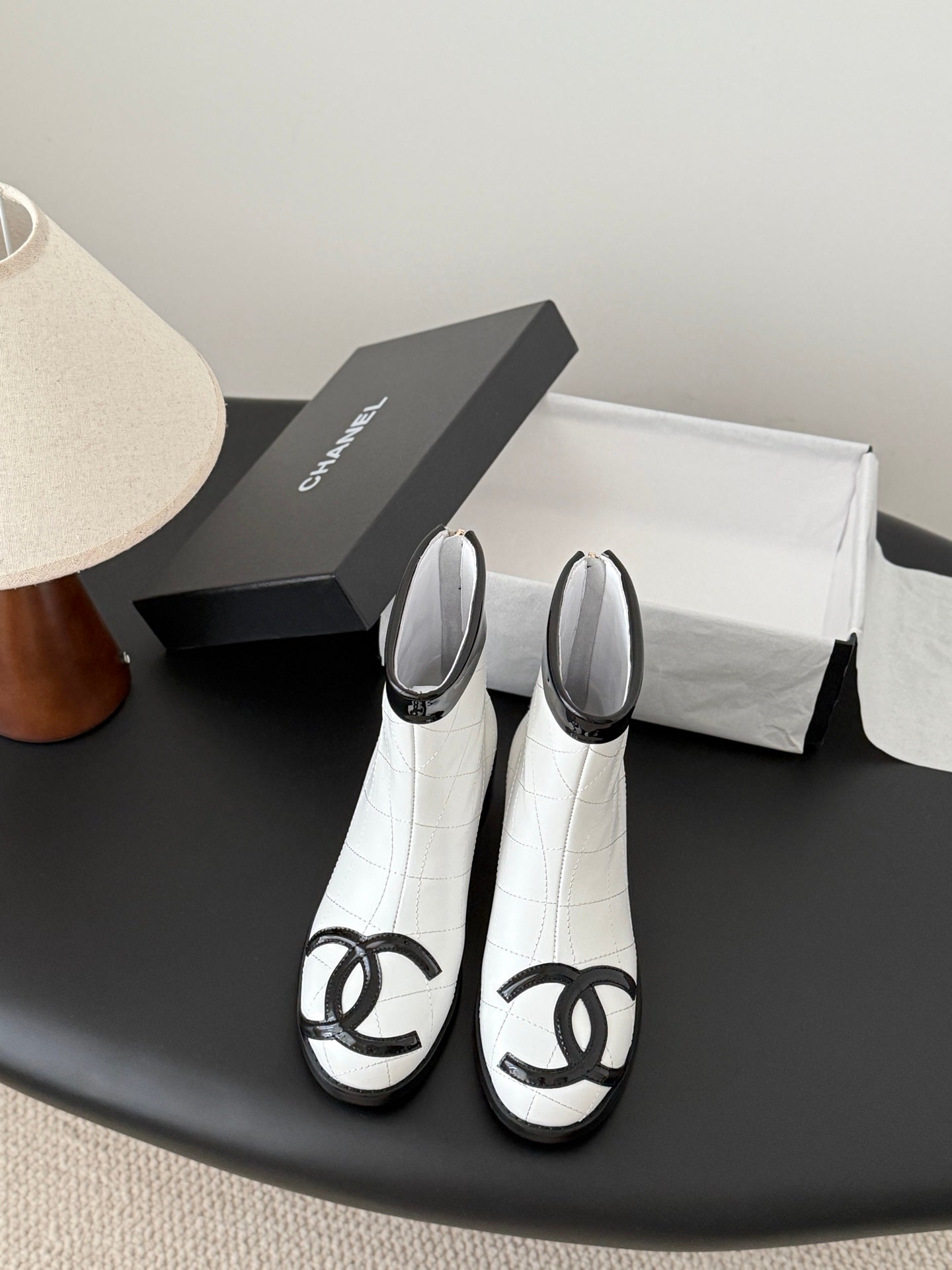 CC 2025 Vintage Cambon Mid-Calf Short Boots White Black Cowhide 550633