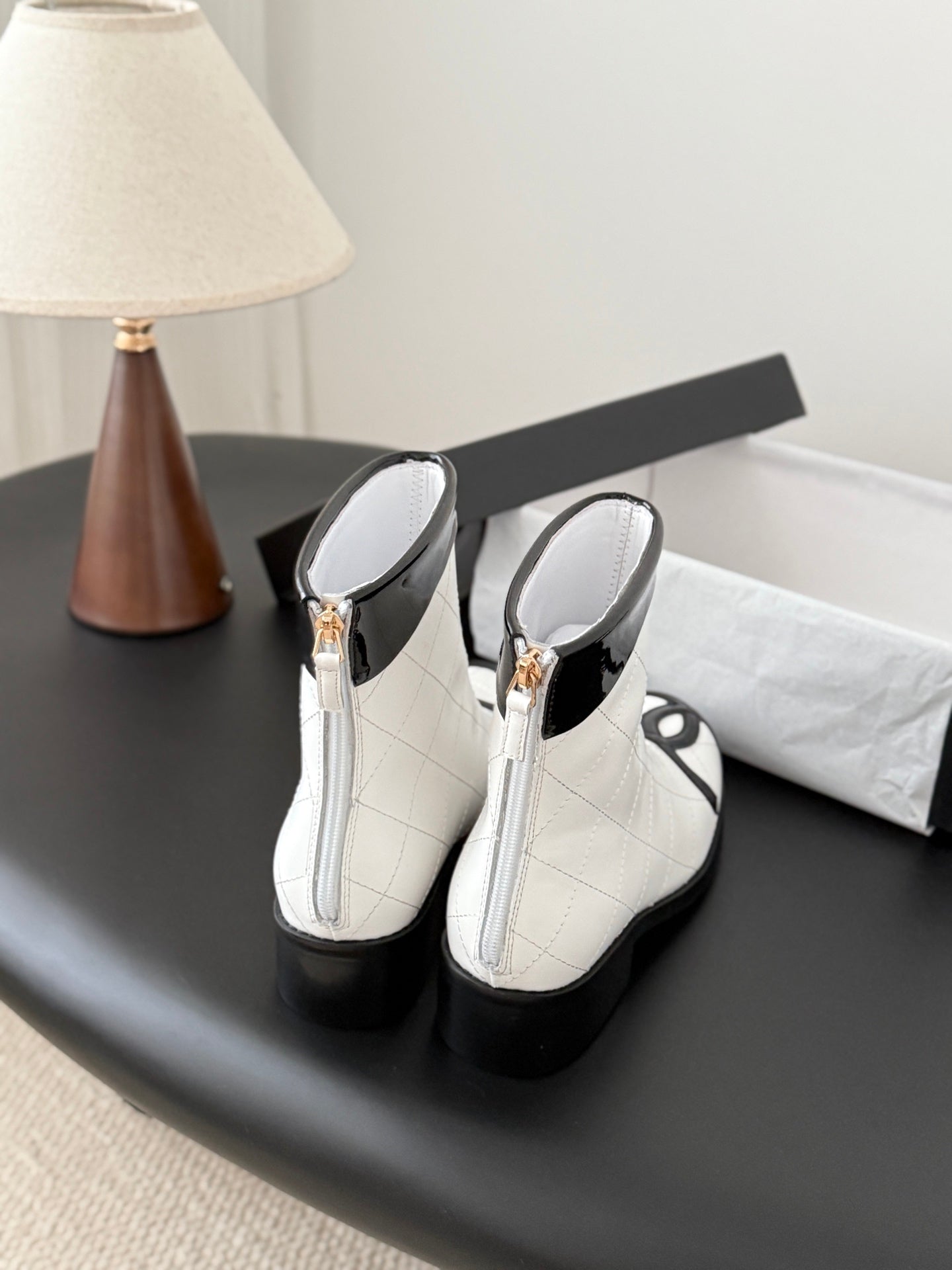 CC 2025 Vintage Cambon Mid-Calf Short Boots White Black Cowhide 550633