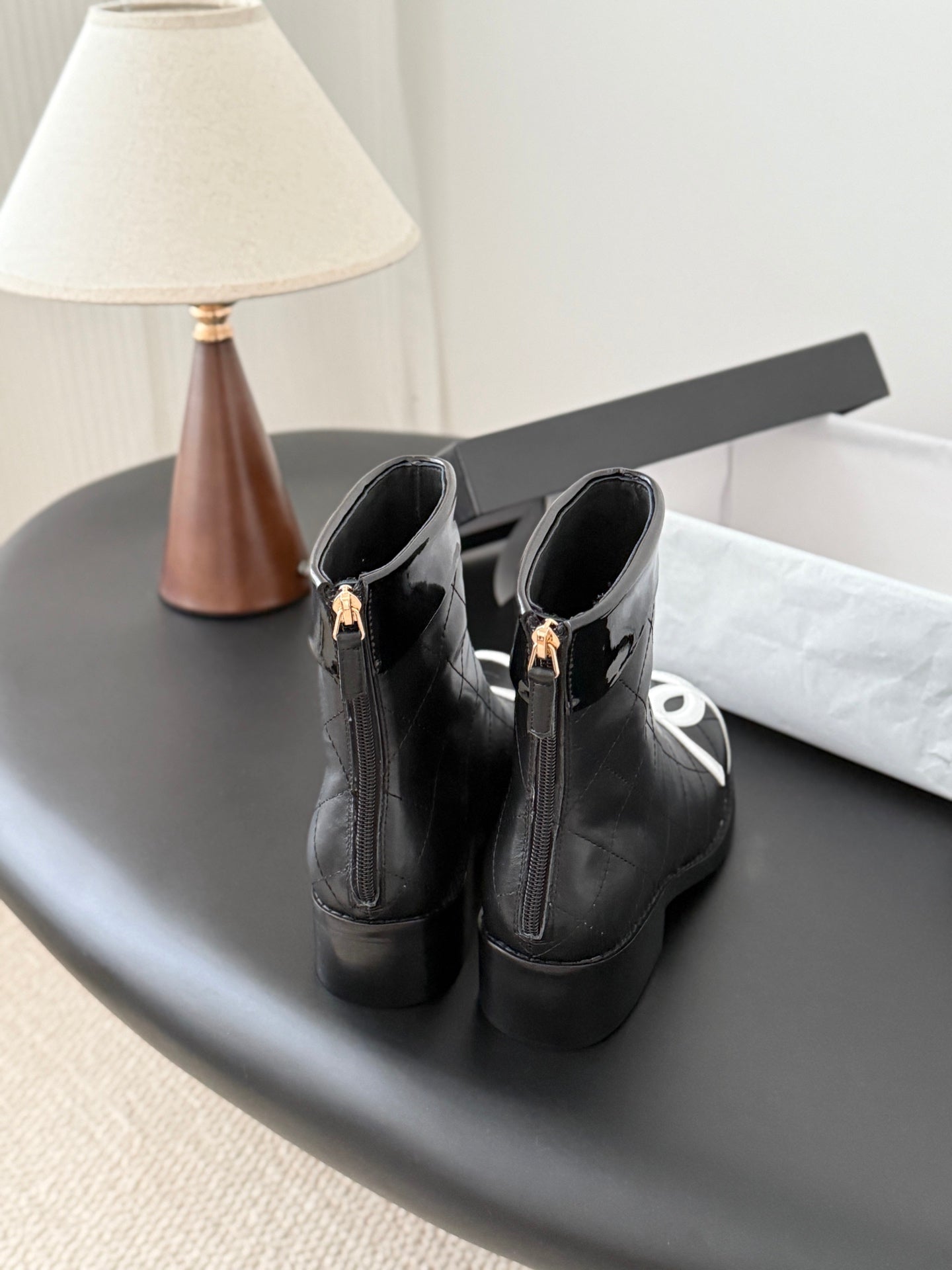 CC 2025 Vintage Cambon Mid-Calf Short Boots Black White Cowhide 550634