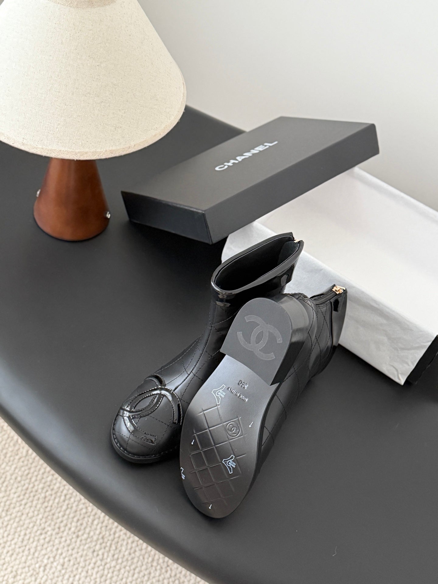 CC 2025 Vintage Cambon Mid-Calf Short Boots Black Cowhide 550635