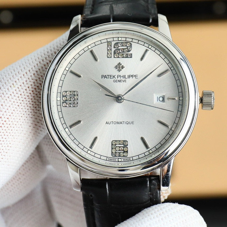 Patek Philippe Calatrava 40mm Gemstone-set Hour Marker Silver Dial Black Leather Strap