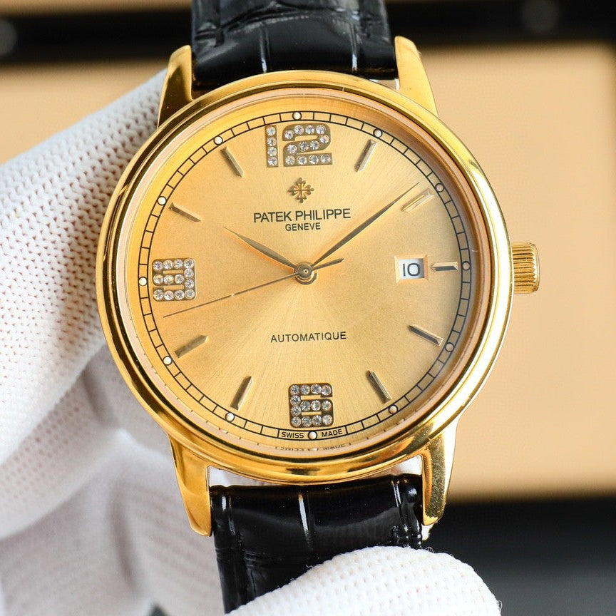 Patek Philippe Calatrava 40mm Gemstone-set Hour Marker Gold Dial Black Leather Strap