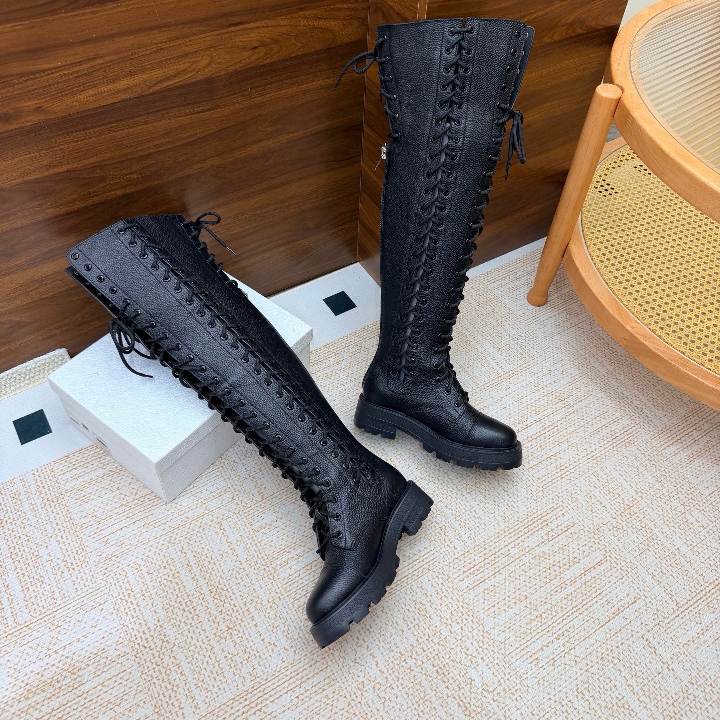 Dior 2026 Diorebel Knee-High Combat Boots Black Cowhide 973977