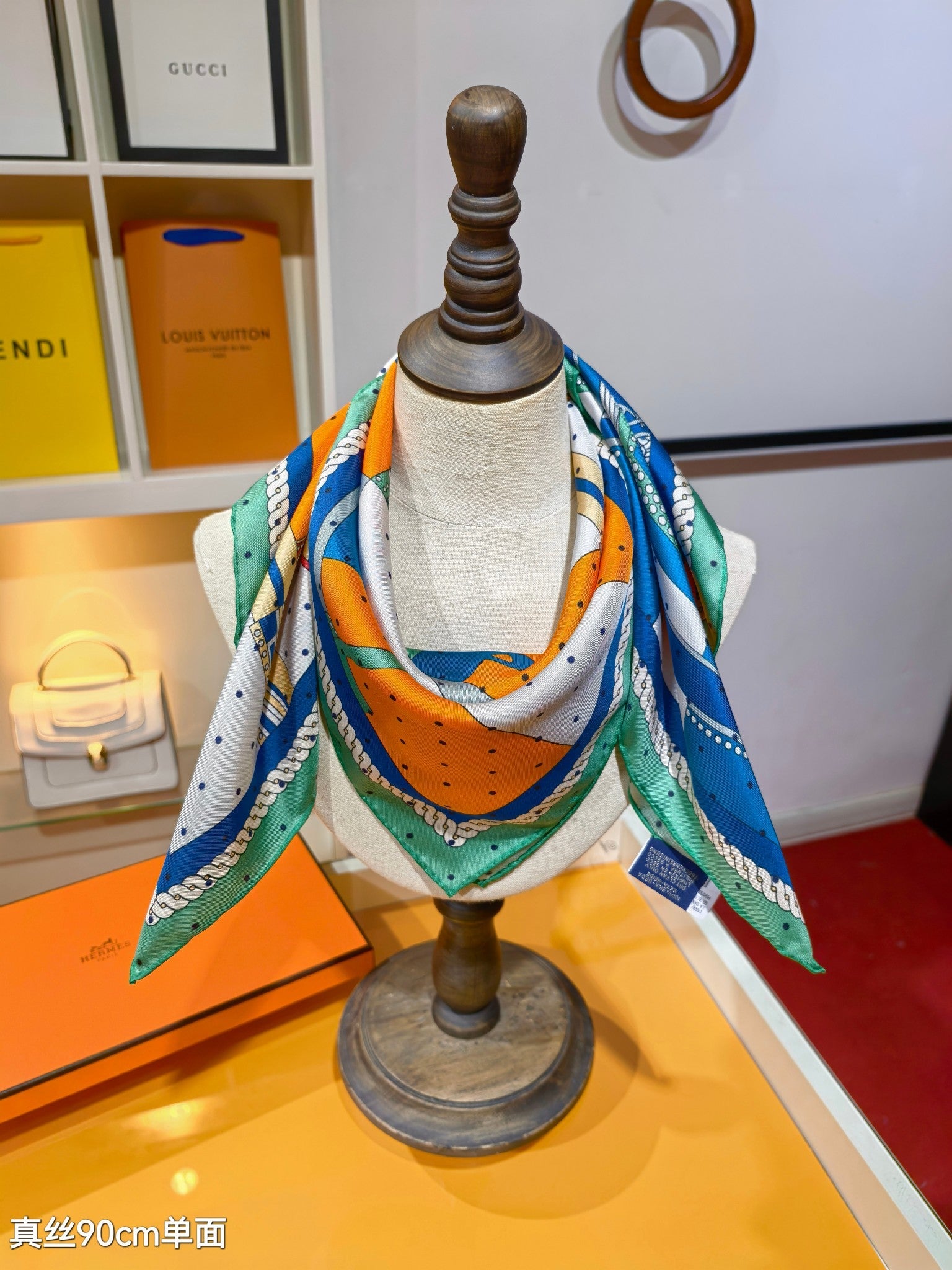 HM 26ss Amazon  Scarf 90 White Orange Blue Colorful Twill Silk 130271