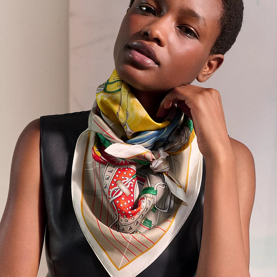 HM 26ss Amazon  Scarf 90 Beige Colorful Twill Silk 130279