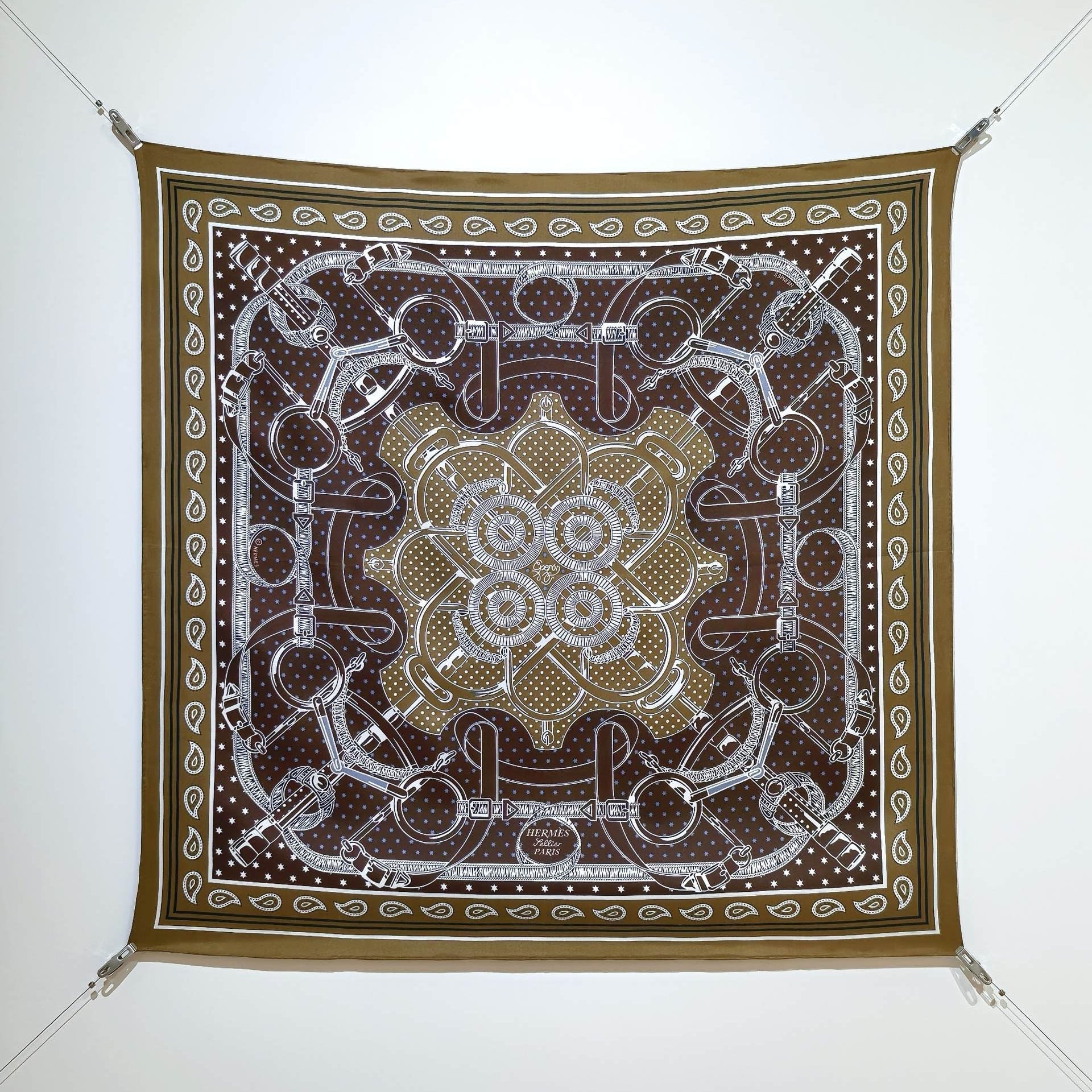 HM 26s Horse Scarf 90 Brown Olive Colorful Cashmere Silk 138042