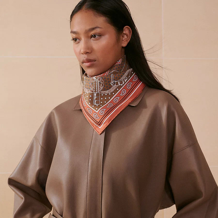 HM 26s Horse Scarf 90 Orange Colorful Cashmere Silk 138044