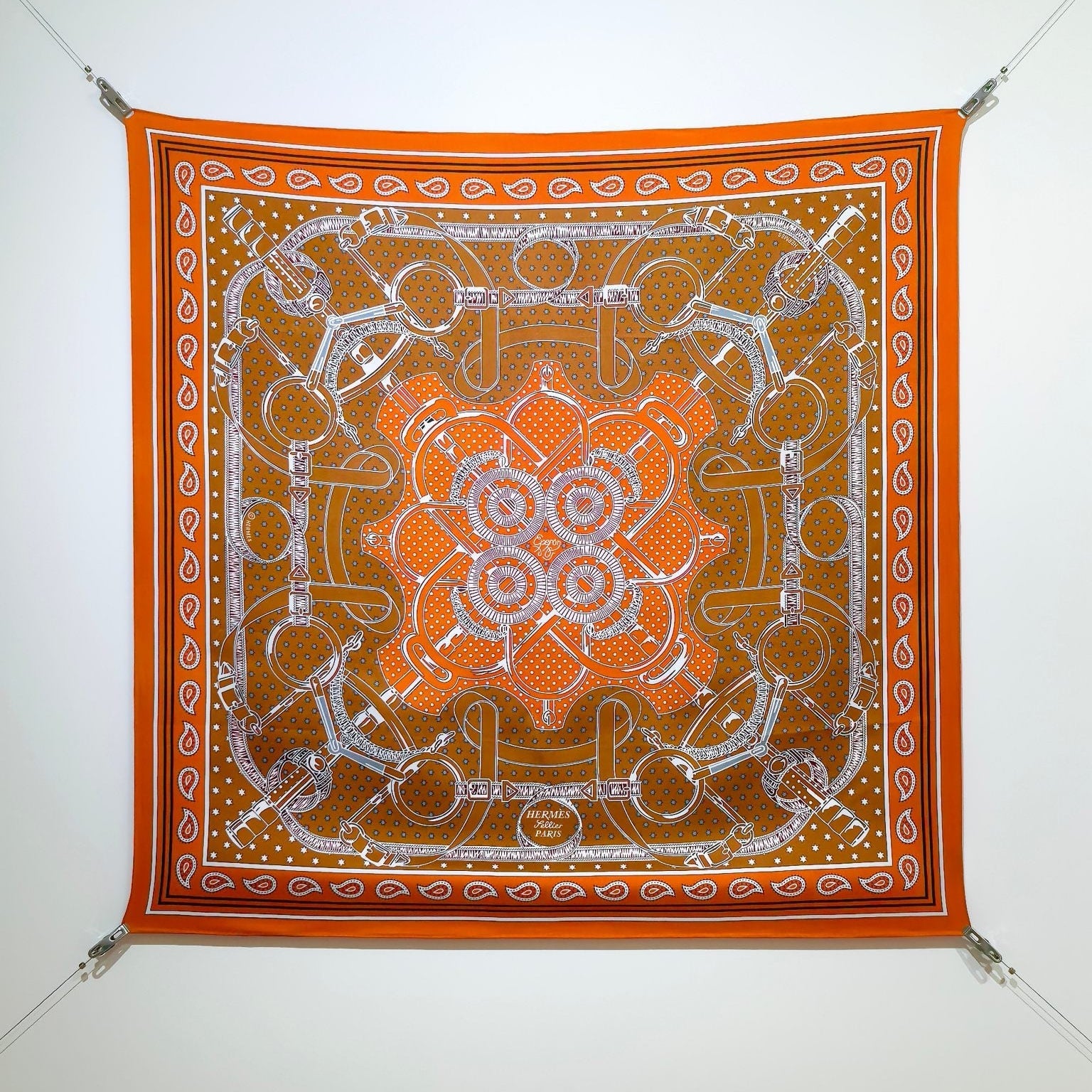 HM 26s Horse Scarf 90 Orange Colorful Cashmere Silk 138044