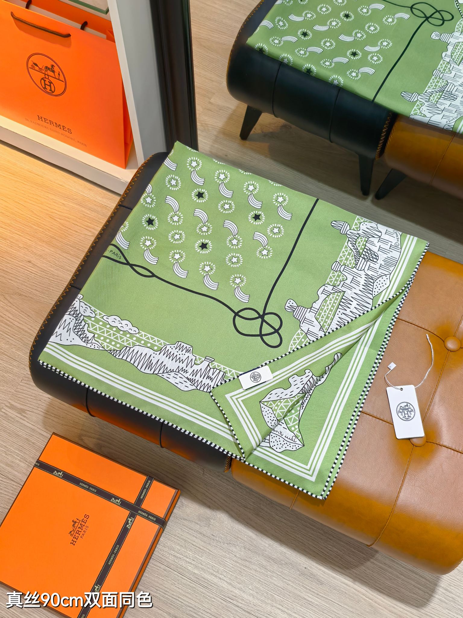 HM 26ss Amazon Scarf 90 Green Twill Silk 126313