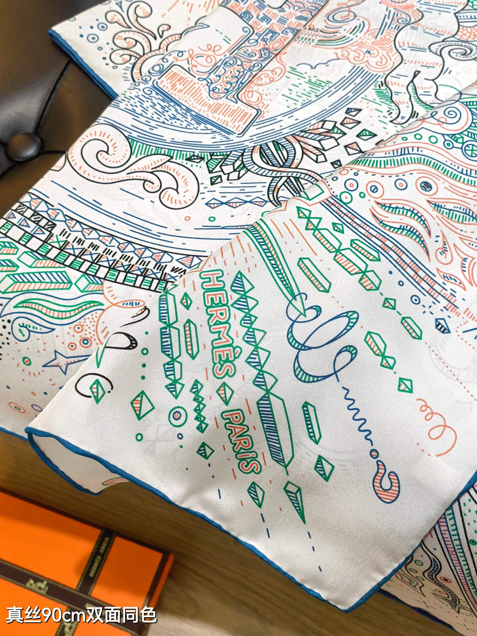 HM 26s 90 Double Sided Scarf White Green Blue Colorful Mulberry Silk 145749