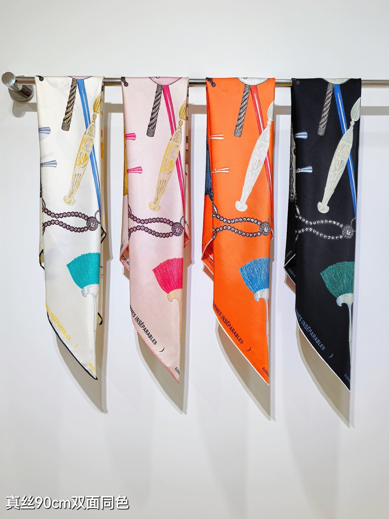 HM 26ss Double Sided Scarf 90 White Colorful Twill Silk 134427