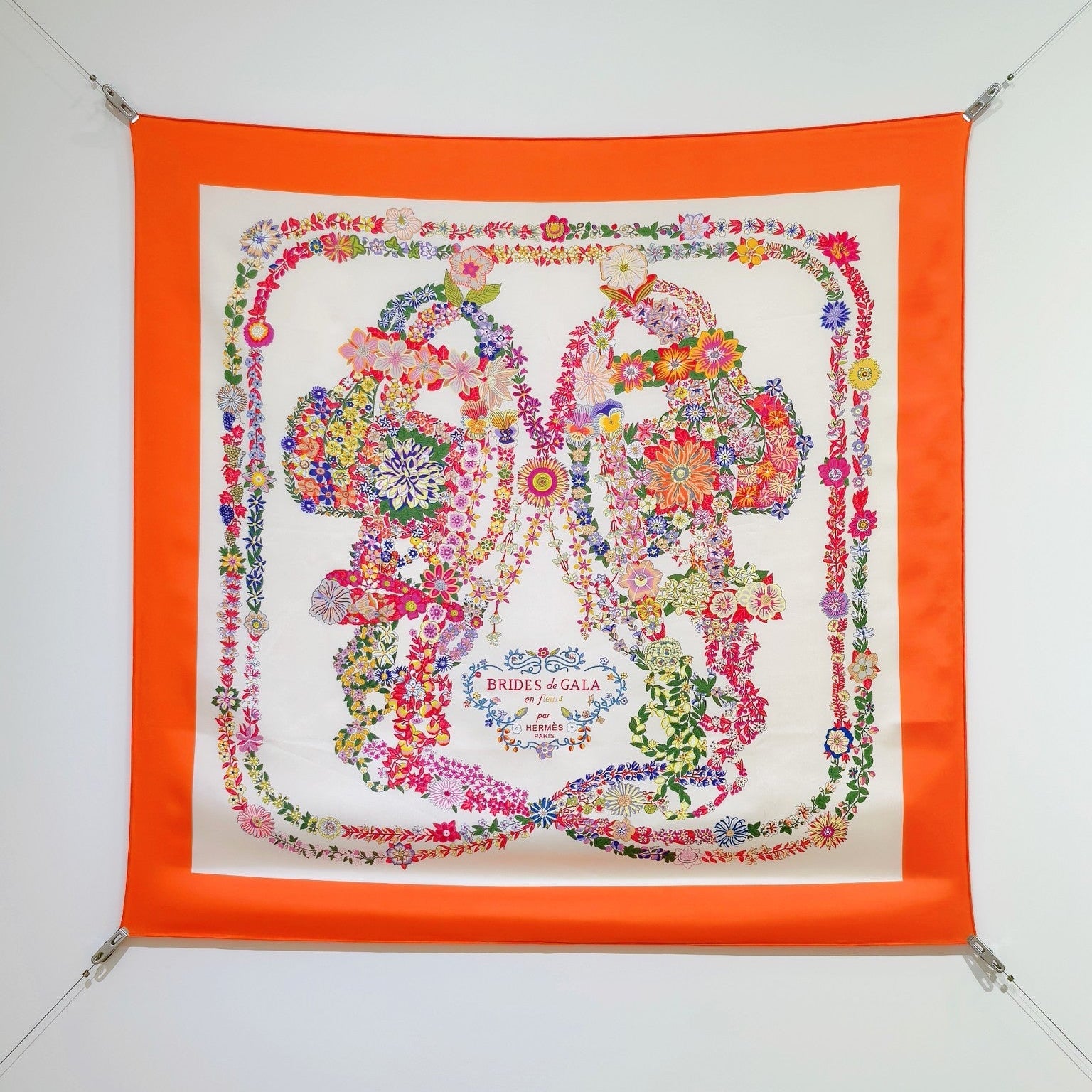 HM 26s 90 Double Sided Scarf White Orange Colorful Mulberry Silk 145756