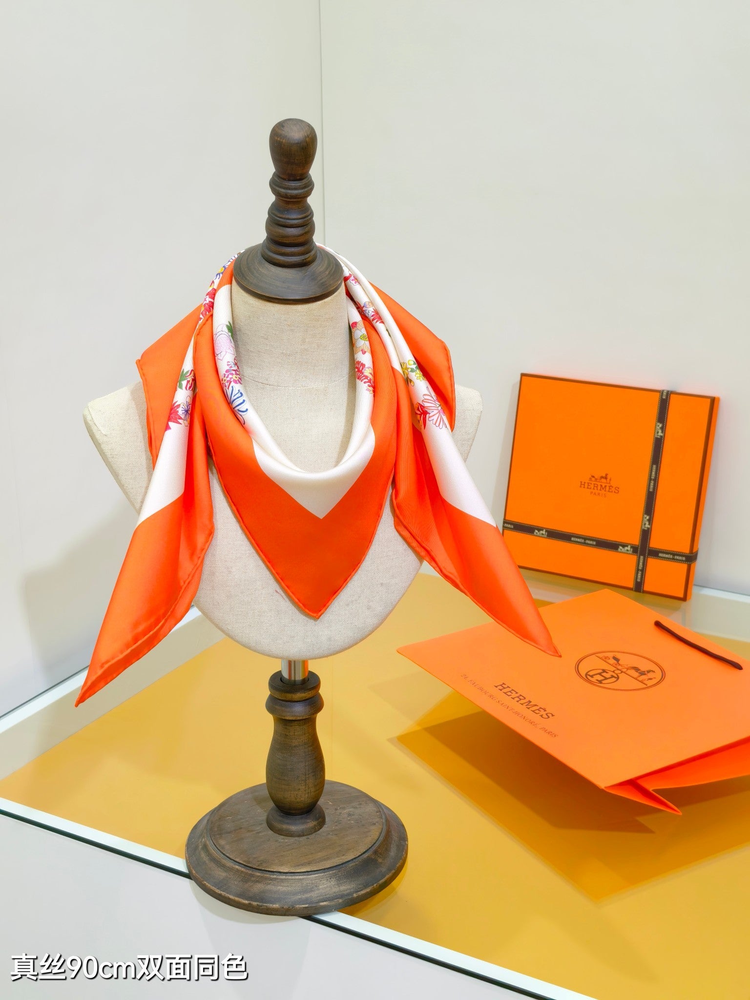 HM 26s 90 Double Sided Scarf White Orange Colorful Mulberry Silk 145756