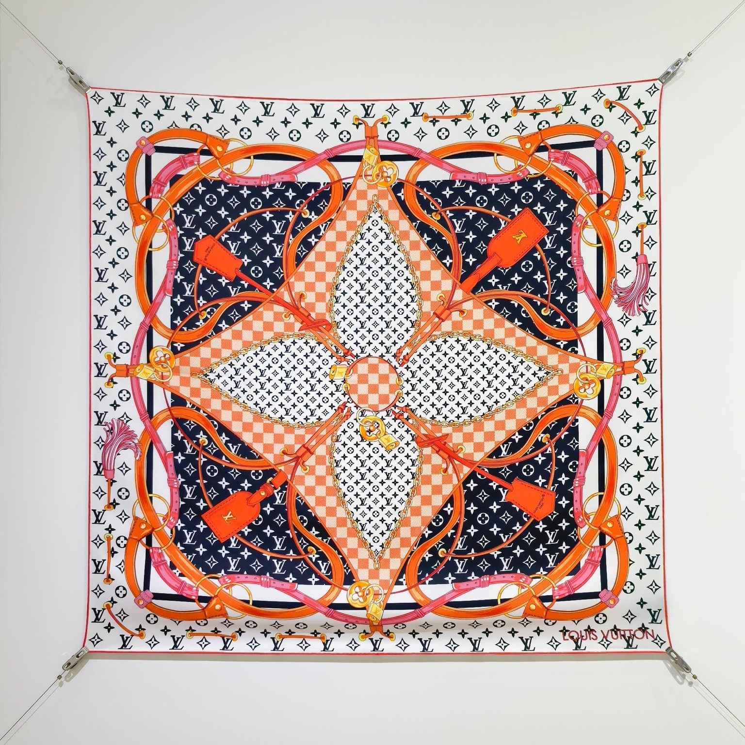 LV Double Sided Scarf 90 White Orange Monogram Cashmere Silk 168752