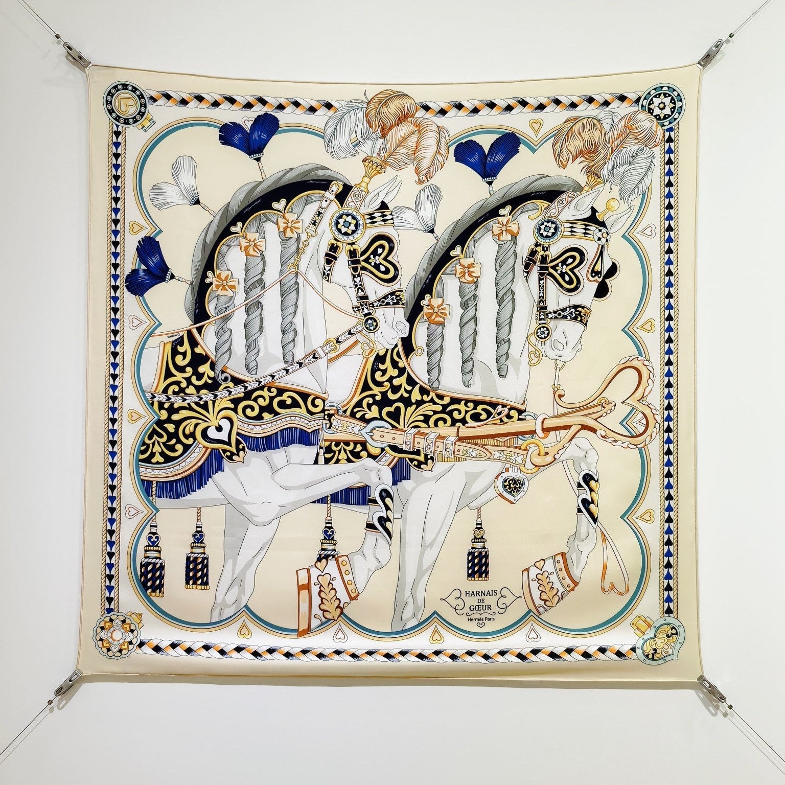 HM 26ss Sweet Saddle Scarf 90 Beige Navy Blue Colorful Twill Silk 132424