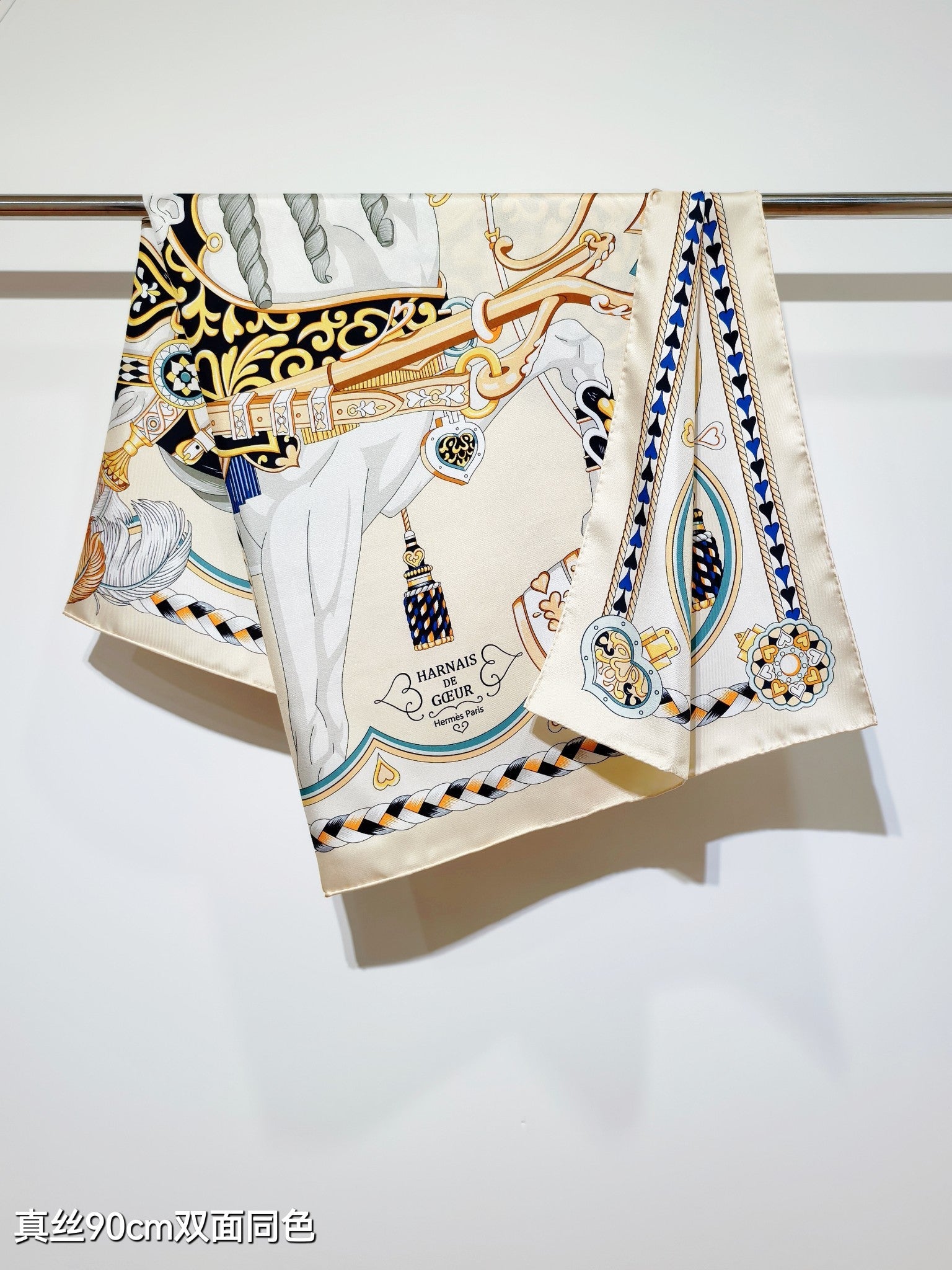 HM 26ss Sweet Saddle Scarf 90 Beige Navy Blue Colorful Twill Silk 132424