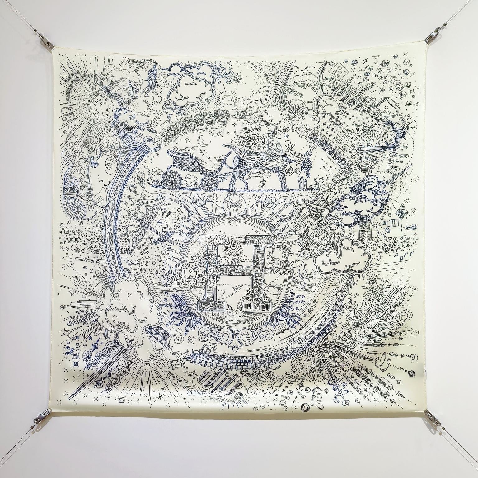 HM 26s 90 Double Sided Scarf White Gray Blue Colorful Mulberry Silk 145751