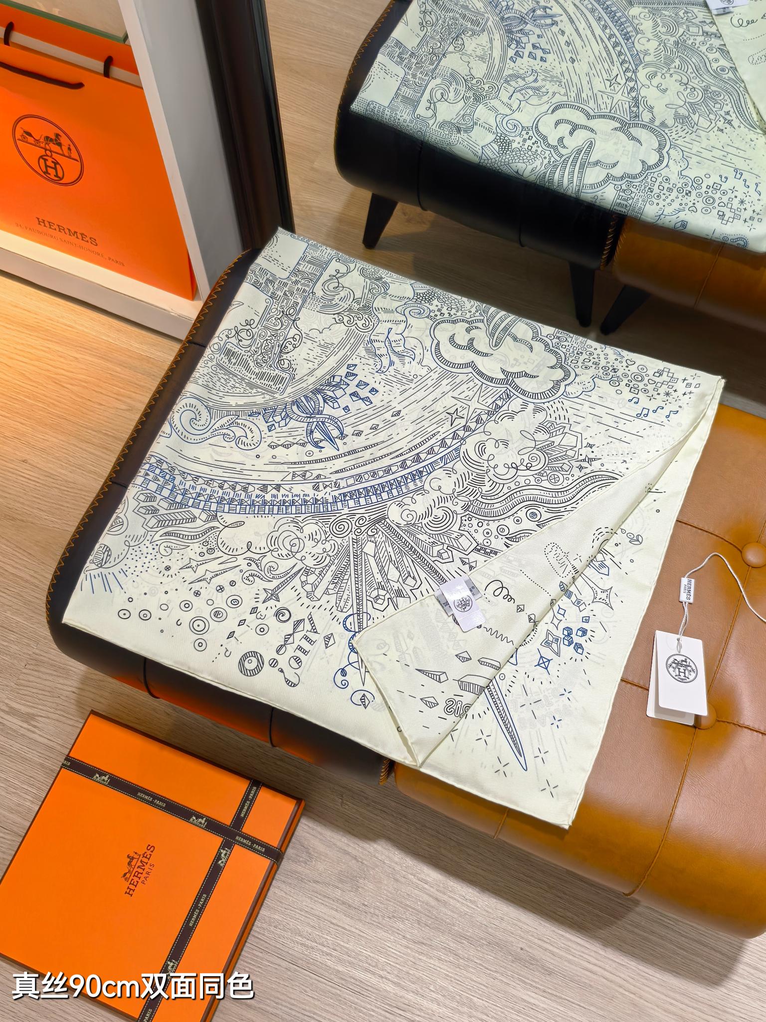 HM 26s 90 Double Sided Scarf White Gray Blue Colorful Mulberry Silk 145751