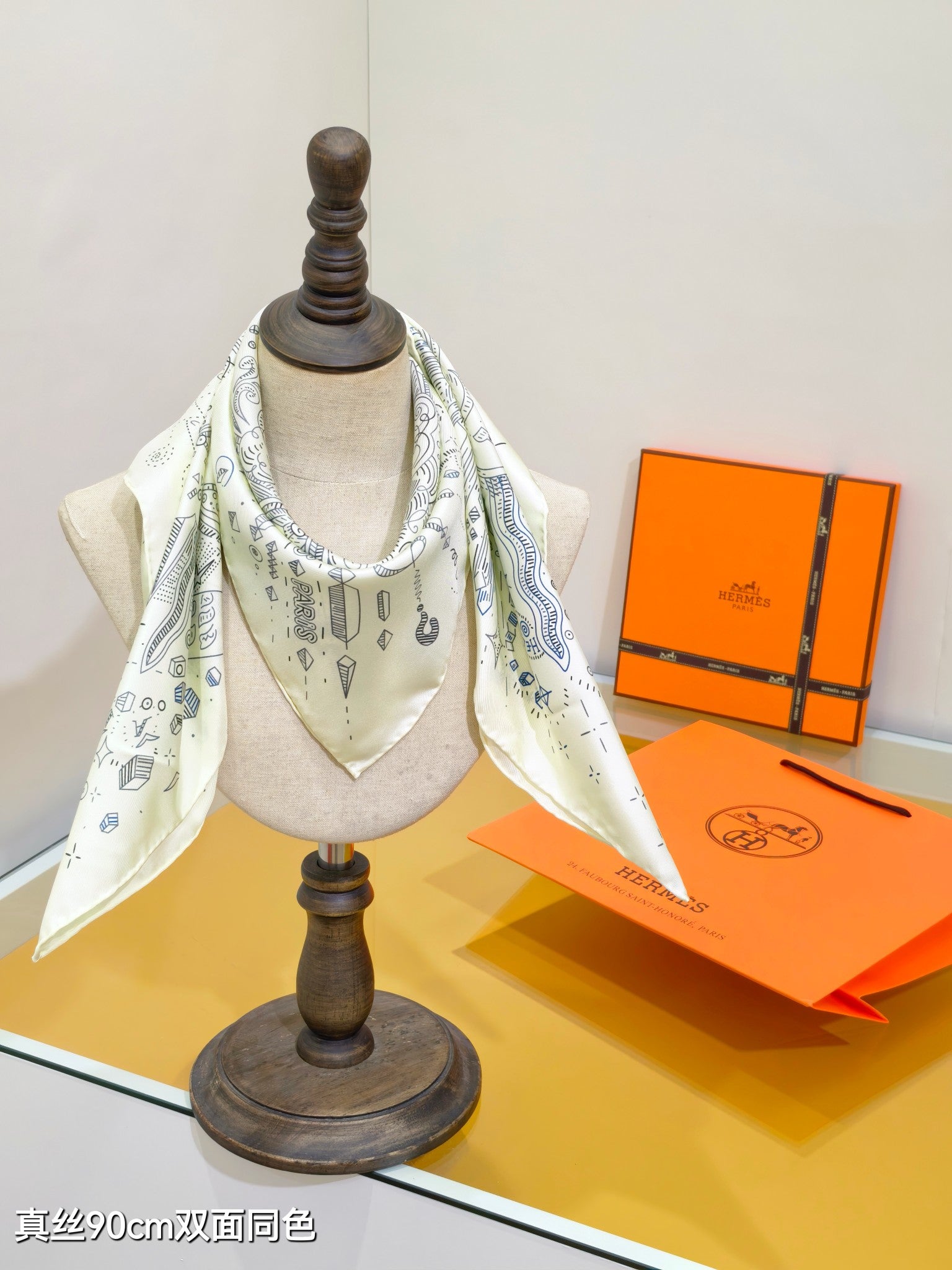 HM 26s 90 Double Sided Scarf White Gray Blue Colorful Mulberry Silk 145751