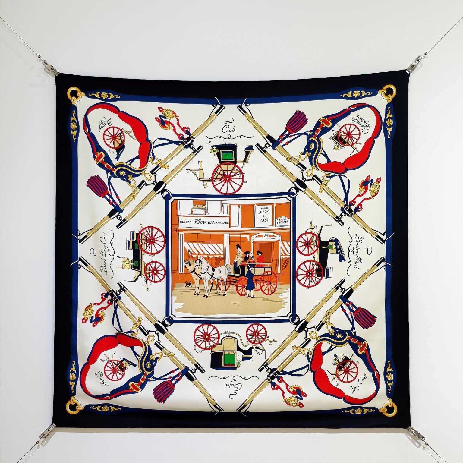 HM 26s 90 Double Sided Scarf Navy Blue Orange Colorful Mulberry Silk 145746