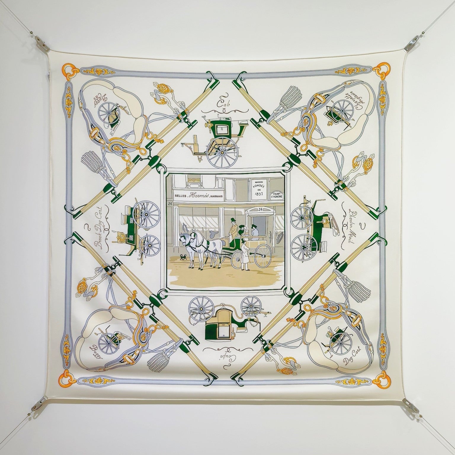 HM 26s 90 Double Sided Scarf Beige Green Colorful Mulberry Silk 145747