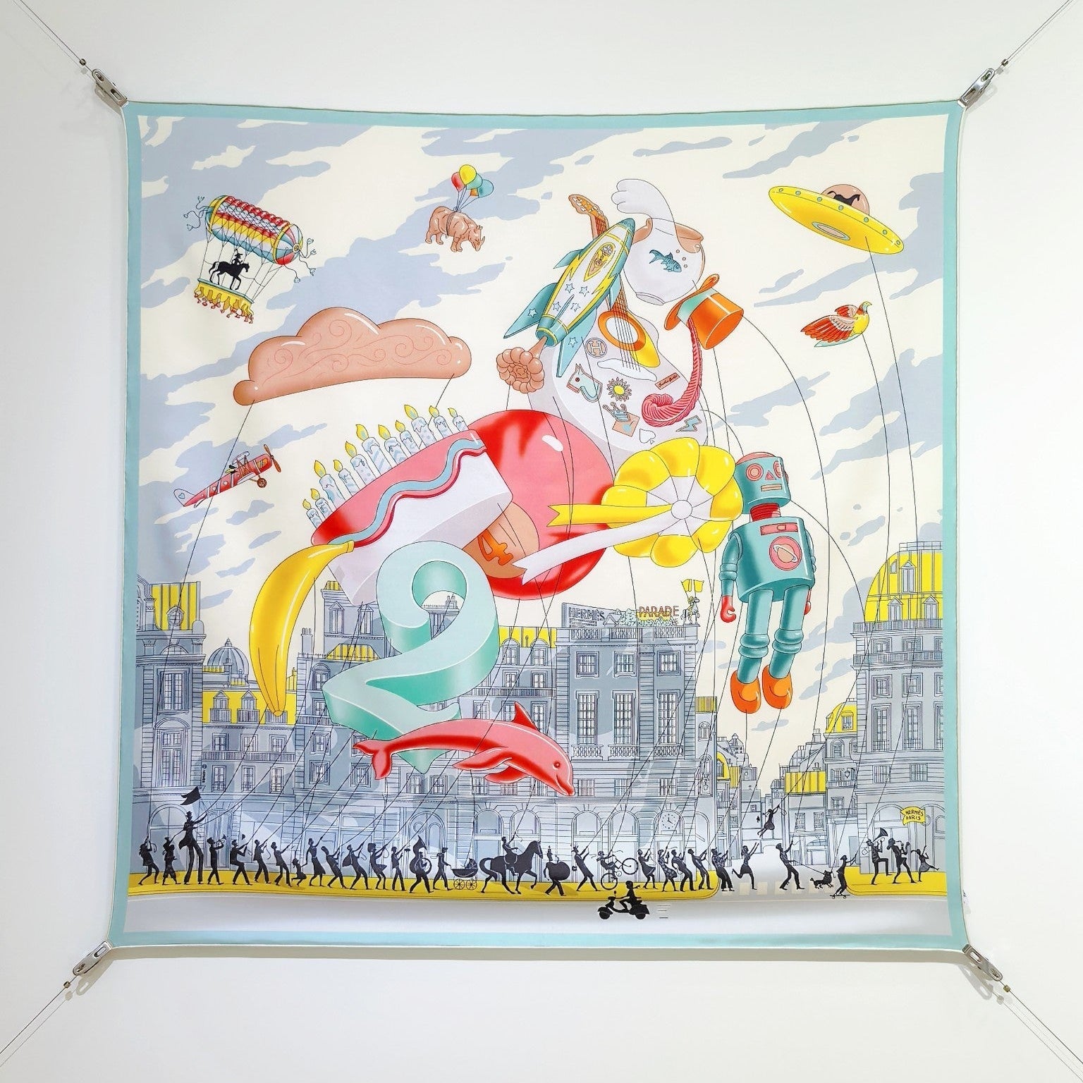 HM 26s Horse Scarf 90 Blue Beige Colorful Cashmere Silk 139215