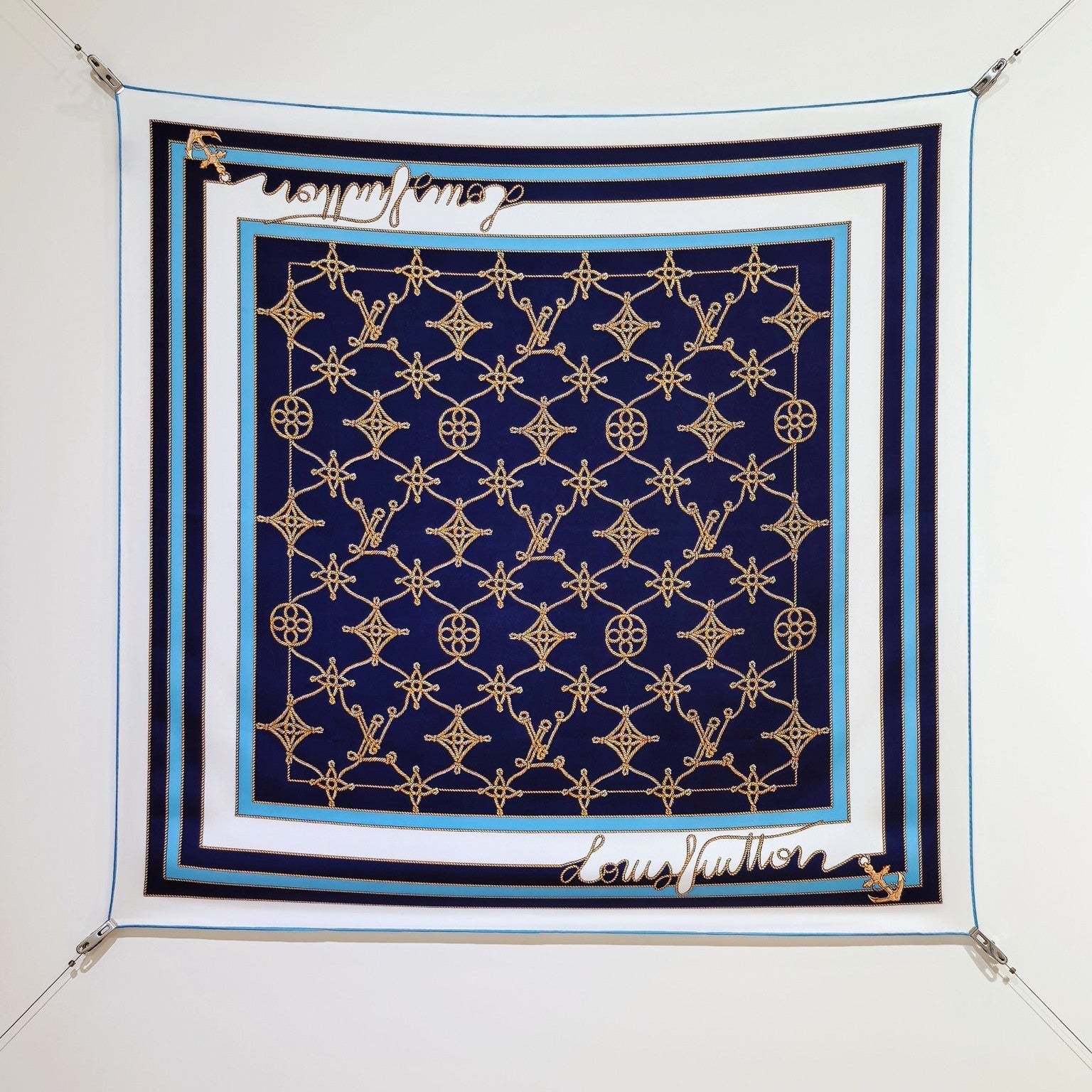 LV Double Sided Scarf 90 Dark Blue White Monogram Twill Silk 164407