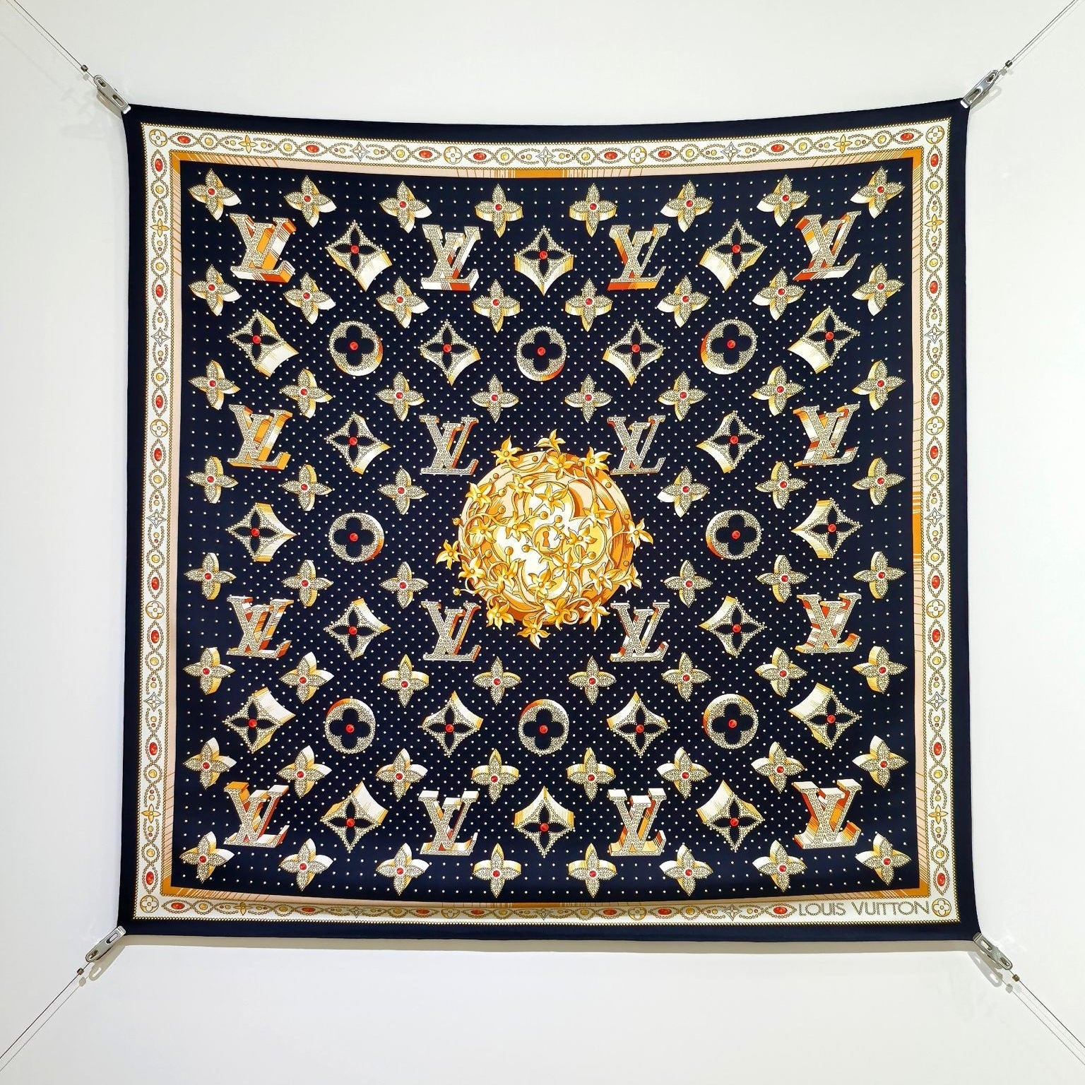 LV Double Sided Scarf 90 Black Beige Colorful Monogram Mulberry Silk 169335