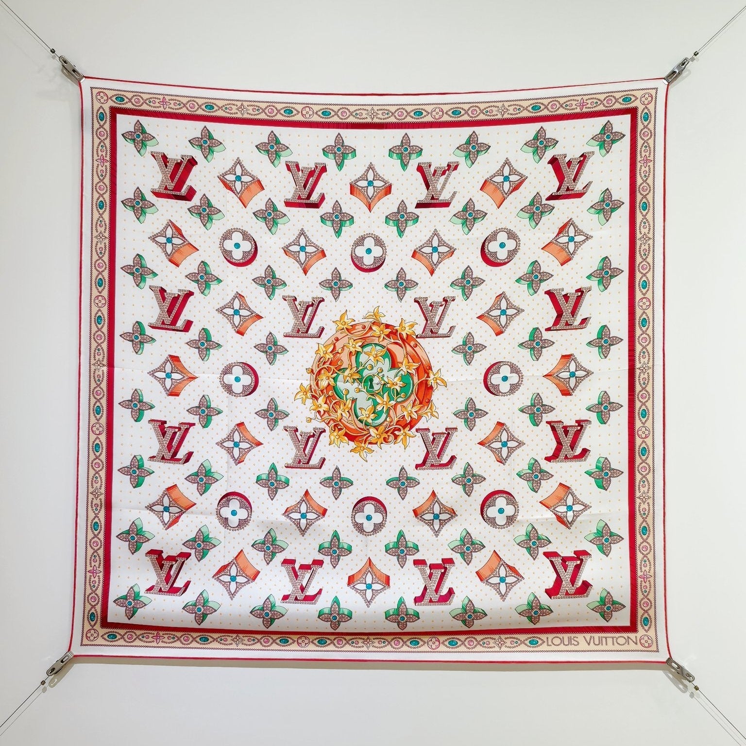 LV Double Sided Scarf 90 White Pink Colorful Monogram Mulberry Silk 169336