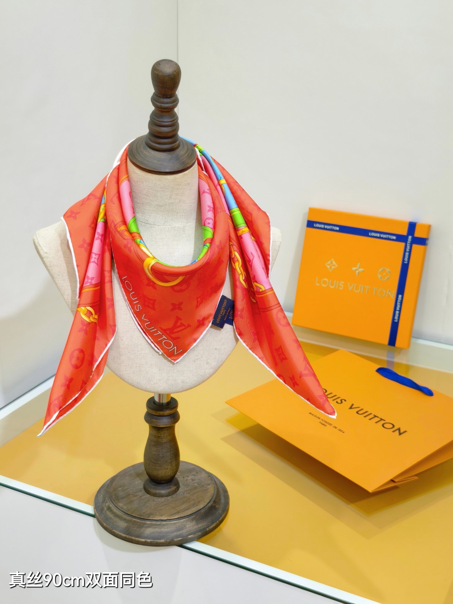 LV Double Sided Scarf 90 Orange Monogram Cashmere Silk 168749