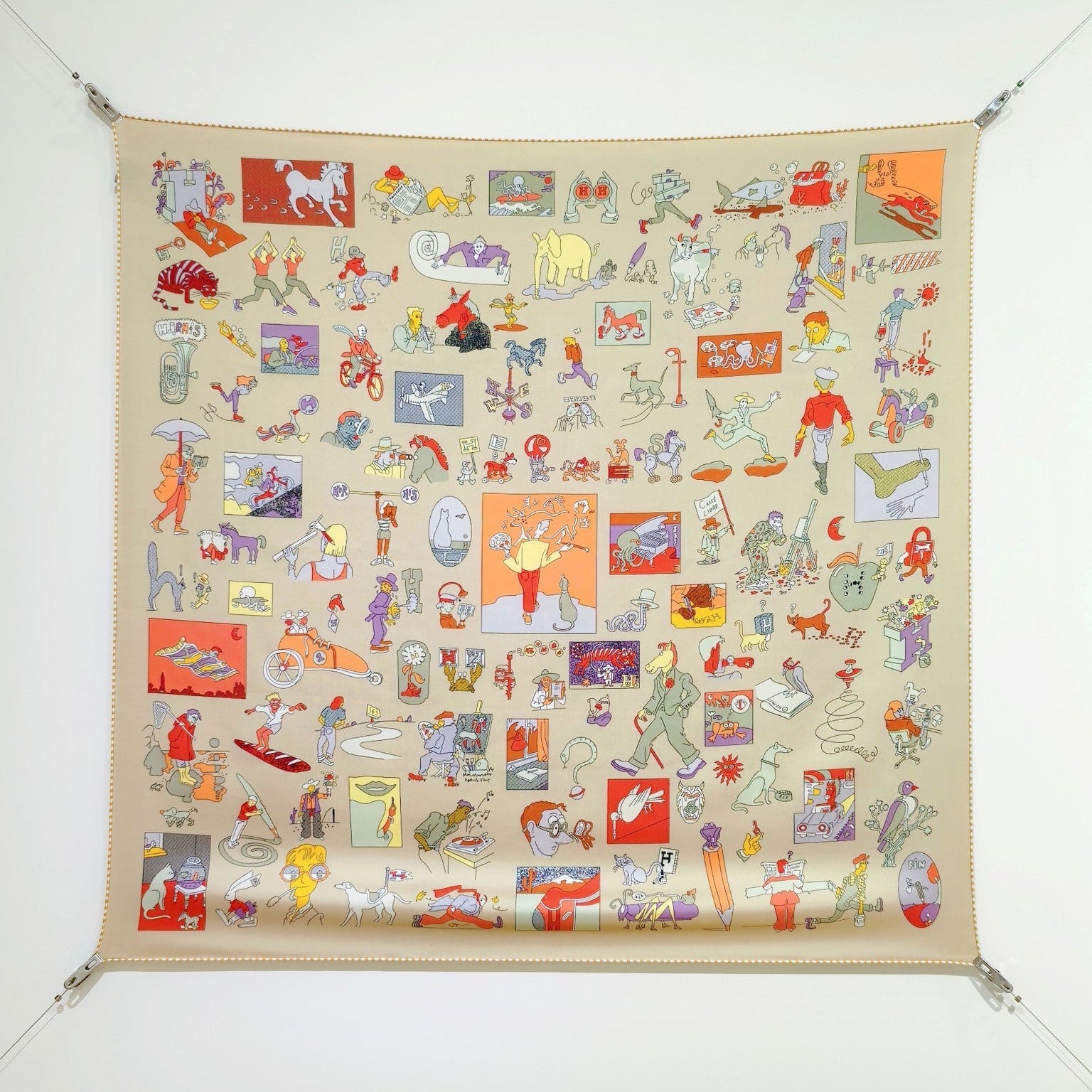 HM 26s Horse Scarf 90 Beige Colorful Cashmere Silk 139213