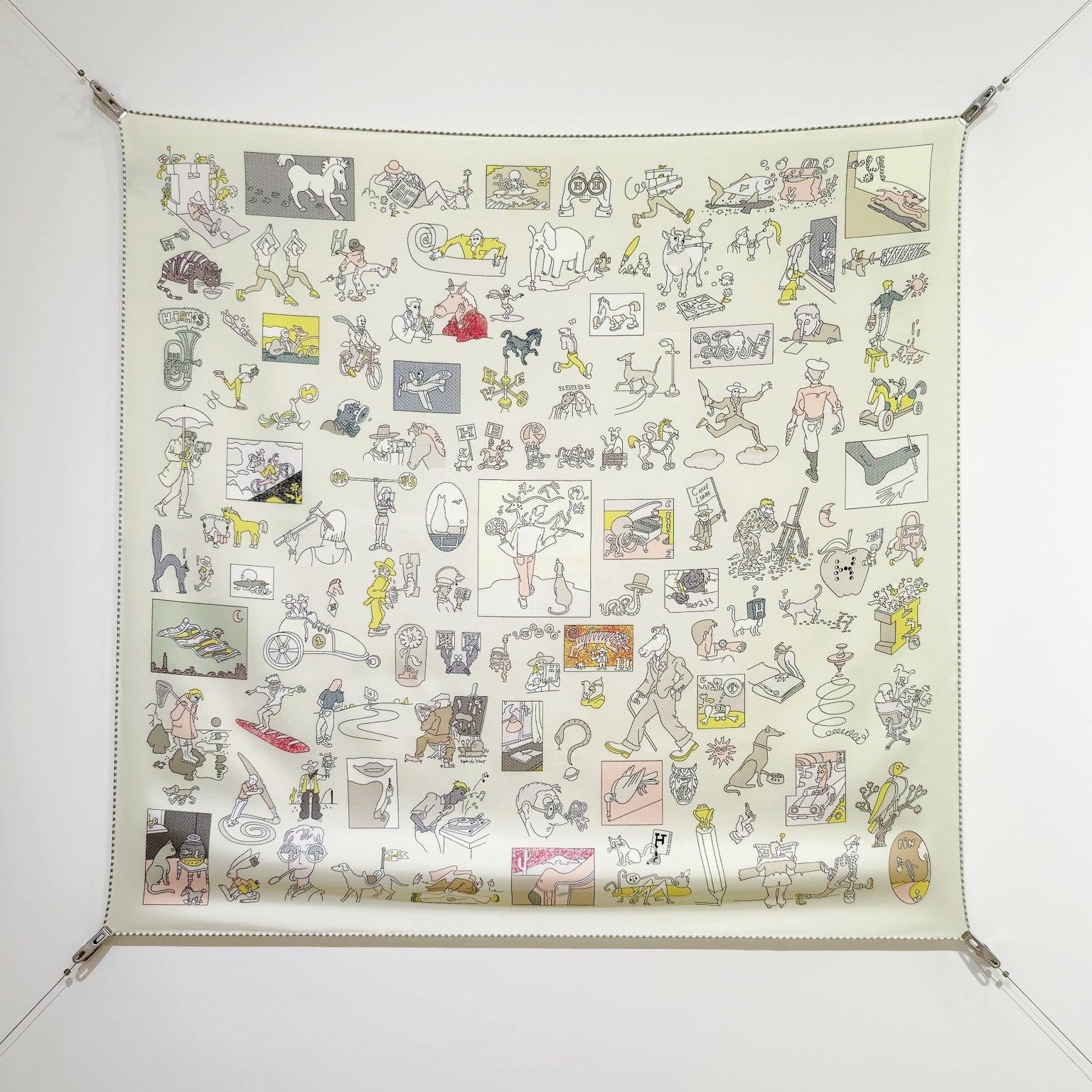 HM 26s Horse Scarf 90 Cream Colorful Cashmere Silk 139214