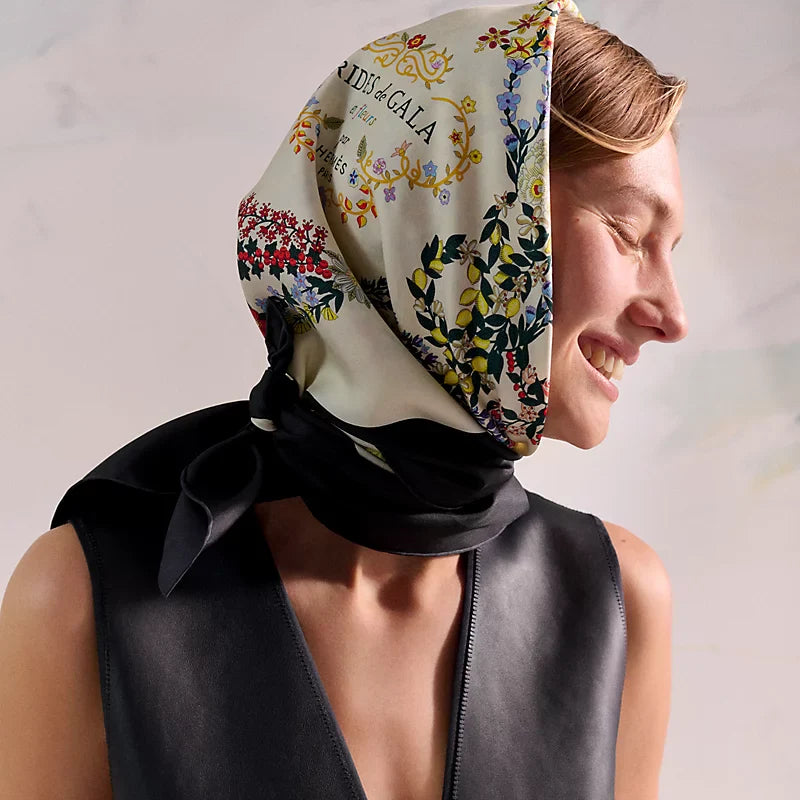 HM 26s 90 Double Sided Scarf Black White Colorful Mulberry Silk 145753