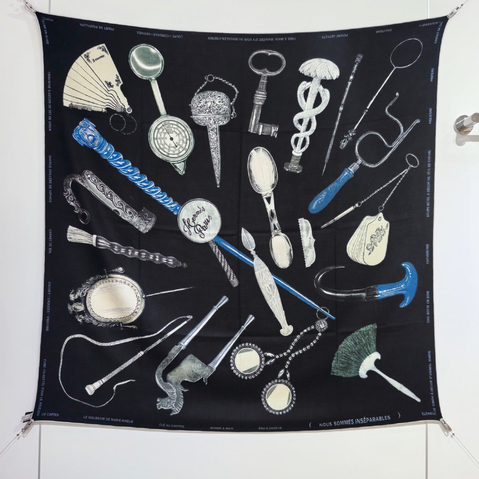 HM 26s Horse Scarf 90 Black Colorful Cashmere Silk 138081