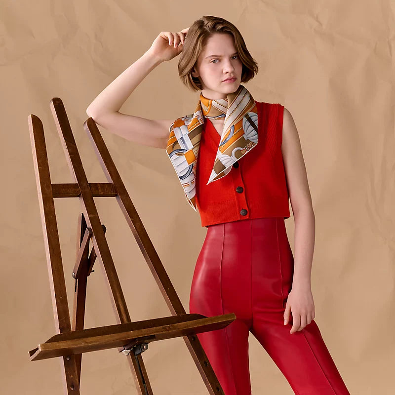 HM 26ss Amazon  Scarf 90 Brown Orange Colorful Twill Silk 130284