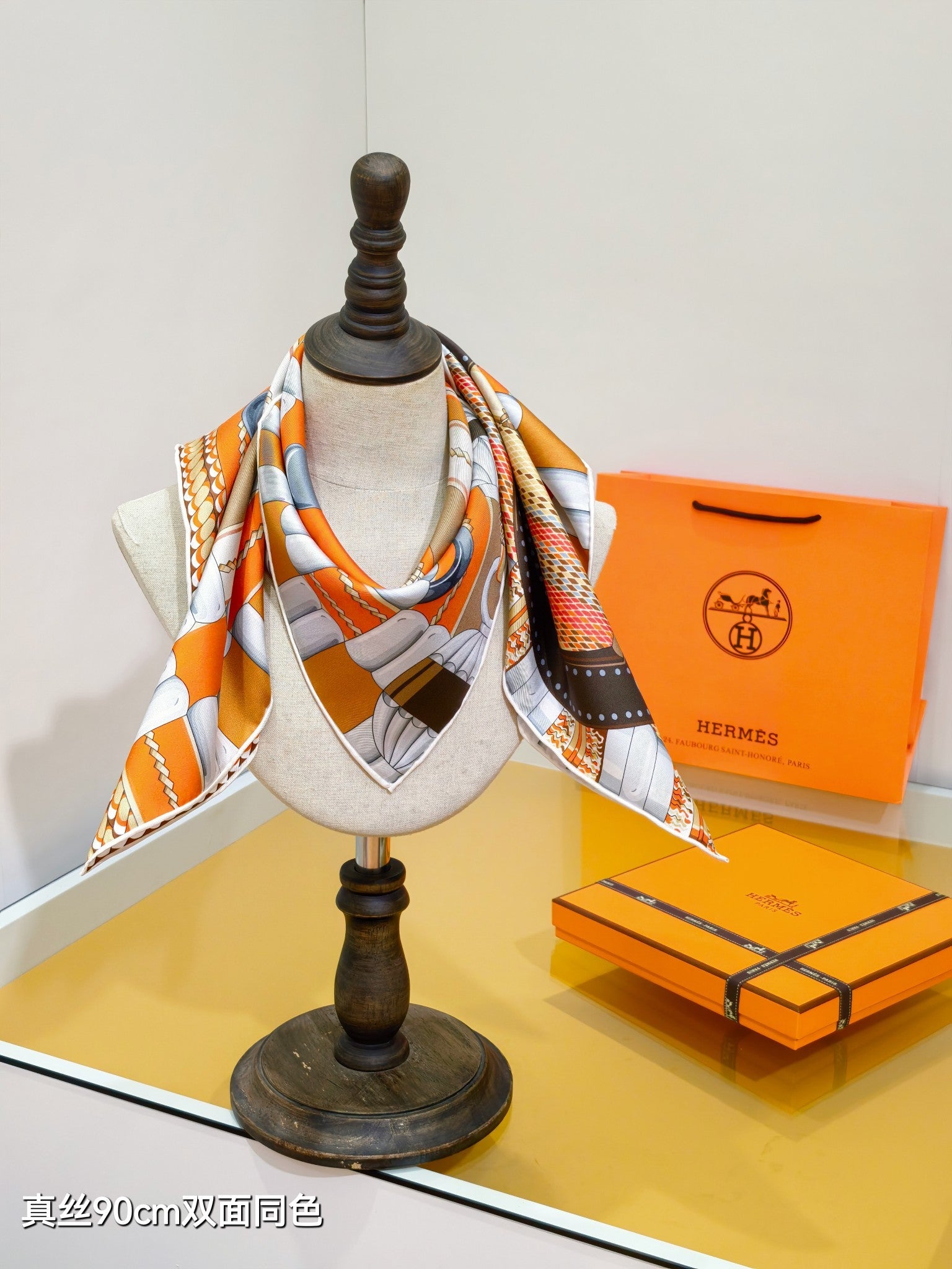 HM 26ss Amazon  Scarf 90 Brown Orange Colorful Twill Silk 130284