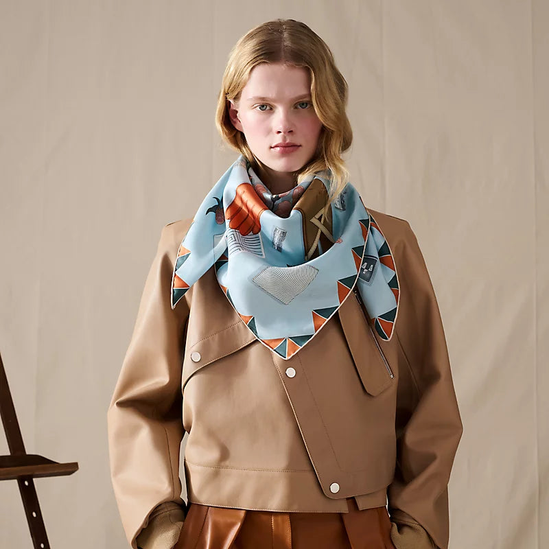 HM 26s Horse Scarf 90 Baby Blue Colorful Cashmere Silk 134430